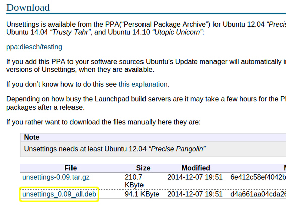 Unsettings Ubuntu 14.10 debパッケージ ダウンロード